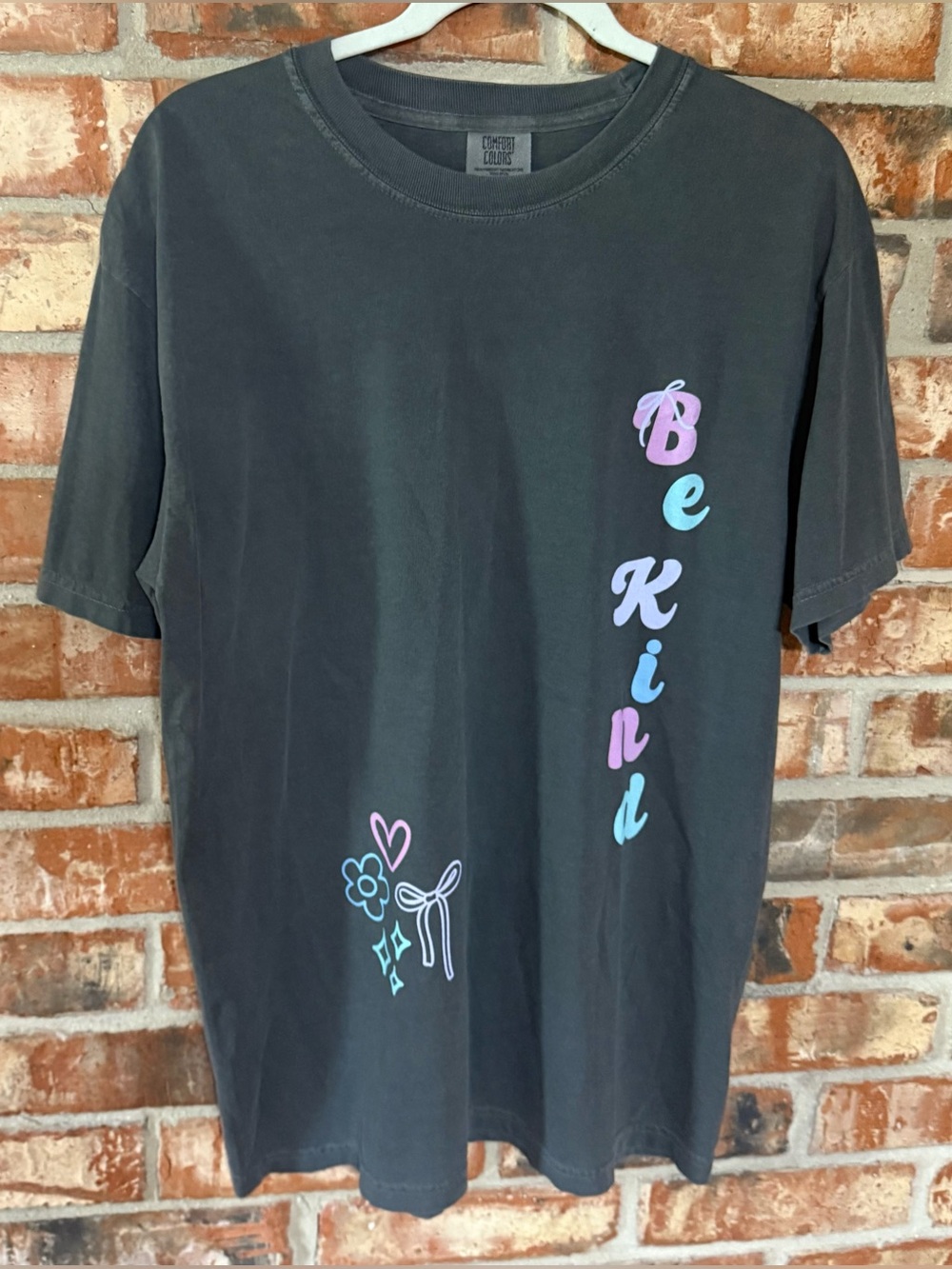Comfort Colors Pepper Tee with Pastel Teal & Pink "Be Kind" Print